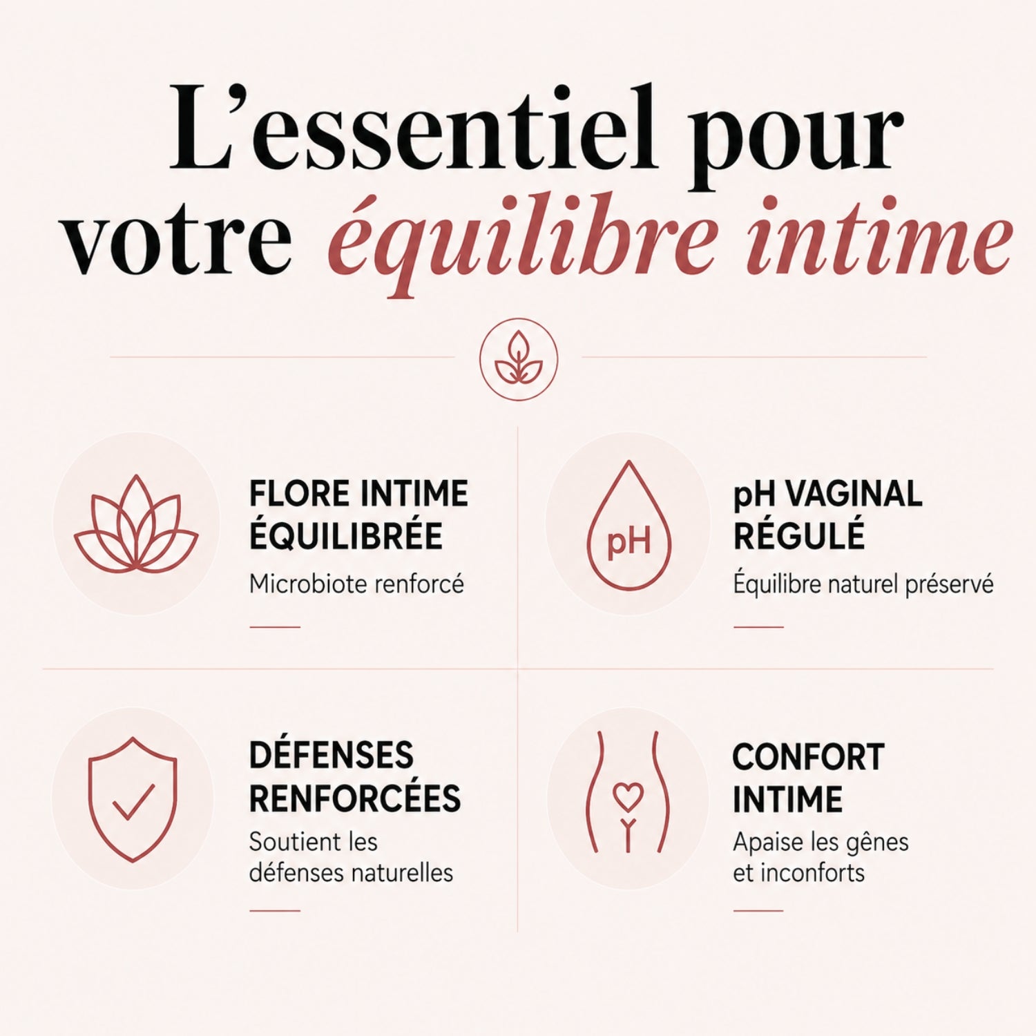 Infographie des bienfaits : équilibre intime, pH physiologique et confort