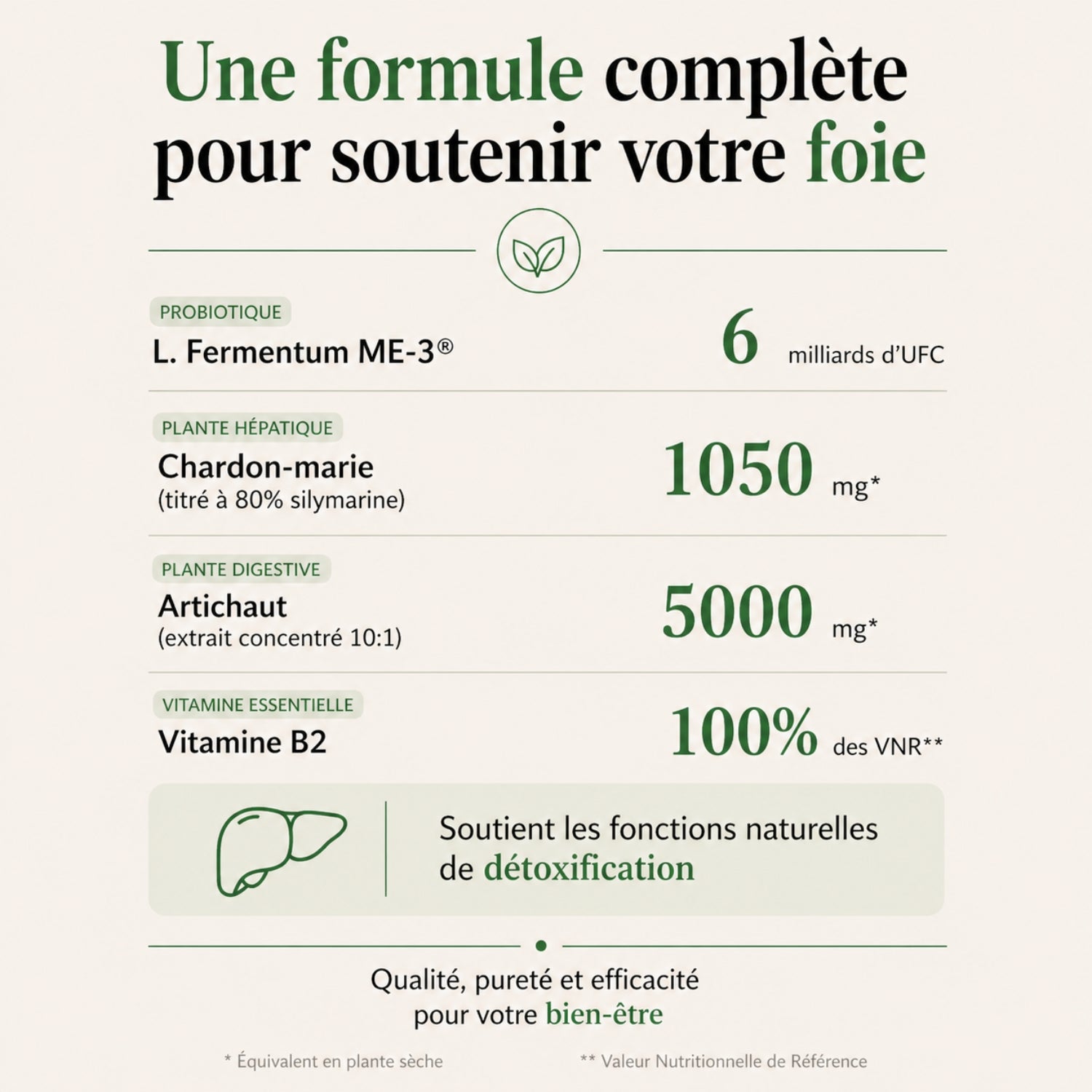 Détail des actifs : souche ME-3, chardon-marie et artichaut